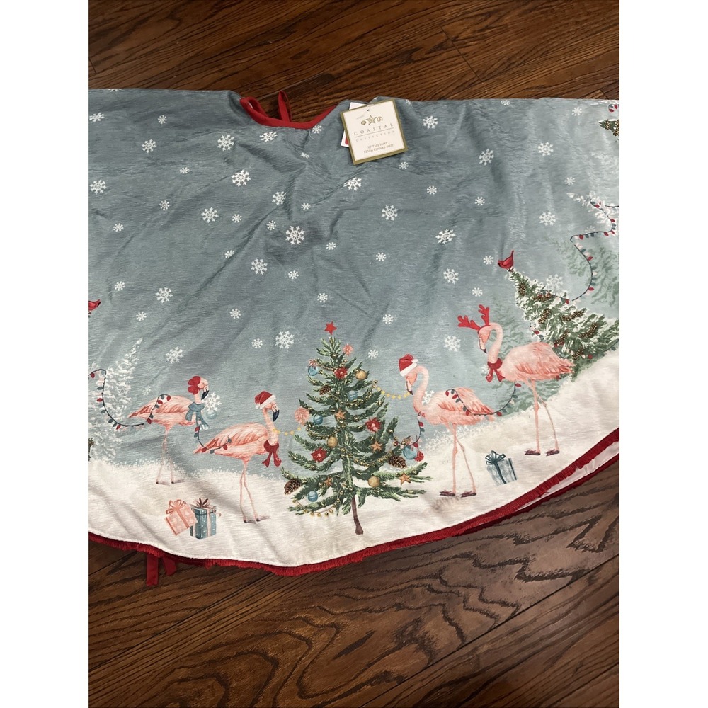 Coastal Collection 50" Christmas Tree Skirt  Flamingos Decorating Trees Beaded